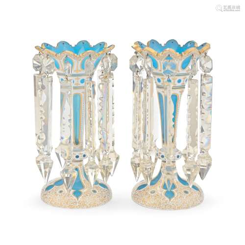 A PAIR OF 19TH CENTURY BLUE-TINTED GLASS AND WHITE OVERLAY L...
