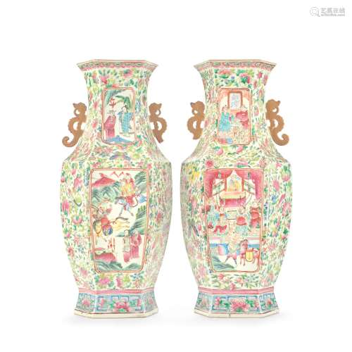 A PAIR OF CHINESE FAMILLE ROSE HEXAGONAL VASES (2)