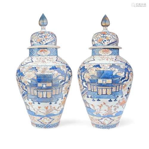 A PAIR OF LARGE IMARI BALUSTER VASES AND COVERS Japan, Edo p...