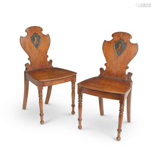 【TP】A PAIR OF LATE REGENCY OAK HALL CHAIRS (2)