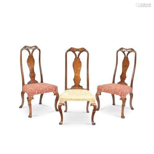 【TP】THREE GEORGE I WALNUT AND MARQUETRY SIDE CHAIRS (3)