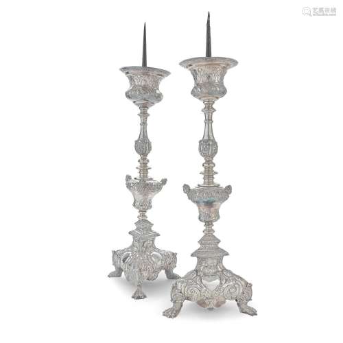 A PAIR OF ITALIAN SILVER PRICKET CANDLESTICKS Probably Venic...