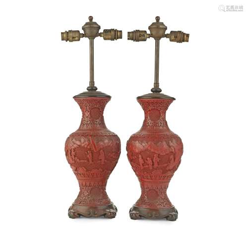 A PAIR OF CHINESE CINNABAR LACQUER TABLE LAMPS Late 19th / e...
