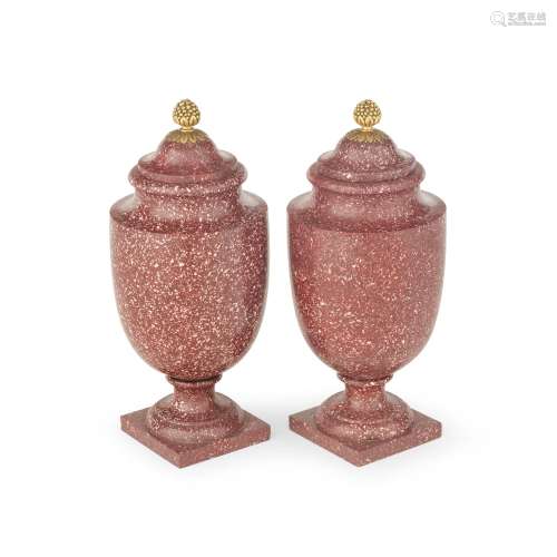 A PAIR OF PORPHYRY AND GILT BRONZE MOUNTED URNS  Swedish, 19...