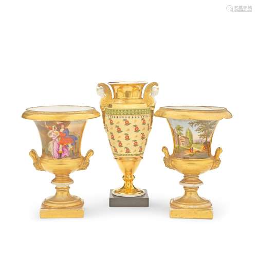 A PAIR OF CONTINENTAL GILT PORCELAIN CAMPAGNA SHAPED URNS  1...
