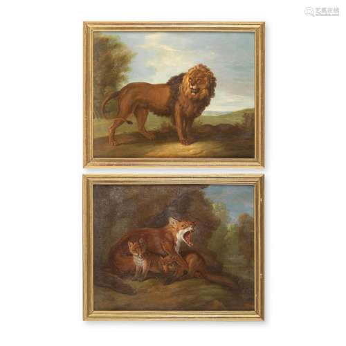English School, 19th Century A lion in a landscape; A fox an...