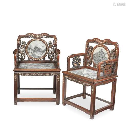 【TP】A PAIR OF CHINESE HARDWOOD, MOTHER-OF-PEARL AND MARBLE I...