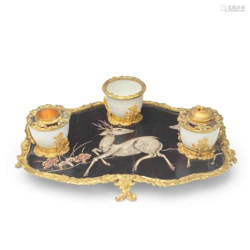 A CHINESE LACQUER AND ORMOLU MOUNTED INKSTAND 19th century