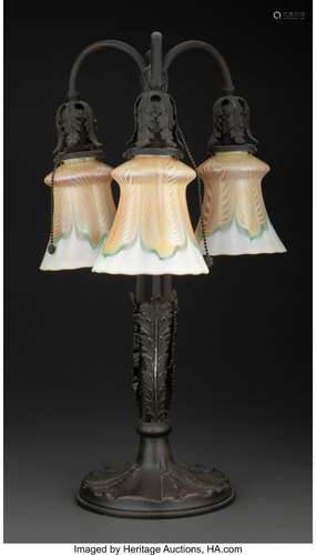 American Patinated Metal Table Lamp with Three Quezal Decora...