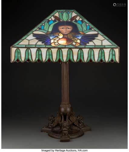 Handel Leaded Glass and Patinated Bronze Egyptian Table Lamp...