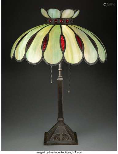 Handel Leaded Glass and Patinated Bronze Table Lamp, early 2...