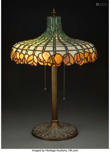 American Leaded Glass Tulip Shade on Miller Gilt Bronze Base...