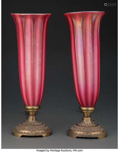 Pair of Durand Iridescent Glass Torchiere Lamps with Gilt Br...