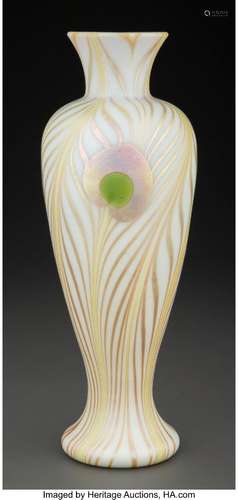 Steuben Aurene Decorated Alabaster Glass Peacock Feather Vas...