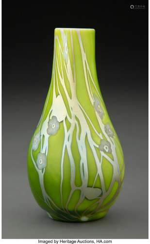 Steuben Decorated Green Aurene Glass Cabinet Vase with Mille...