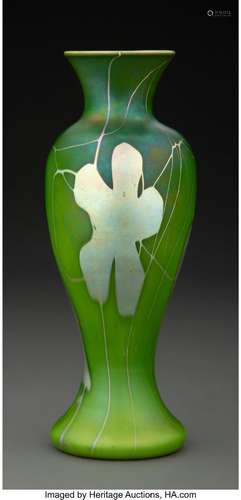 Steuben Decorated Green Aurene Glass Leaf and Vine Vase, cir...