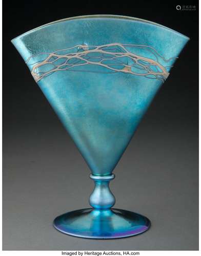 Steuben Decorated Blue Aurene Glass Fan Vase, circa 1927 Mar...