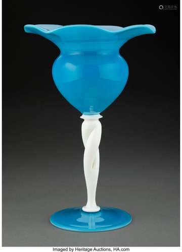 Tall Steuben Light Blue Jade and Flint White Glass Twist-Ste...