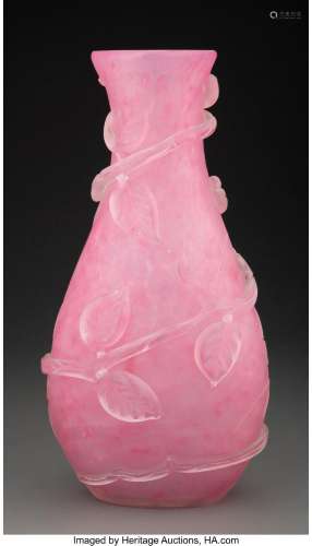 Large Steuben Acid-Etched Rose Quartz Glass Vase with Applie...