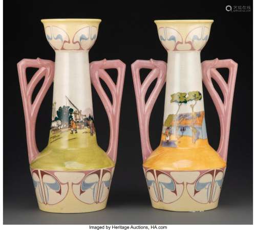 Pair of Emil Fischer Glazed Ceramic Vases, circa 1910 Marks:...