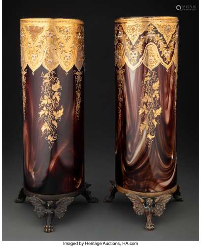 Pair of Loetz Partial Gilt and Enameled Onyx Glass Vases wit...