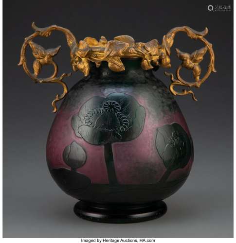 Daum Wheel-Carved Cameo Glass Poppies Vase with Gilt Metal M...