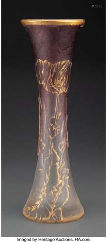 Tall Daum Partial Gilt and Acid-Etched Glass Floral Vase, ci...