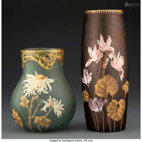 Two Mont Joye Acid-Etched, Partial Gilt, and Enameled Glass ...