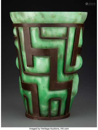 Daum Blown-Out Glass Vase with Louis Majorelle Iron Mount, c...