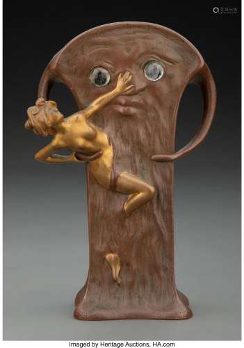 Franz Bergman Partial Gilt and Patinated Bronze Tree Vase, c...