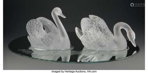 Pair of Lalique Clear and Frosted Glass Cygne Tete Droite an...