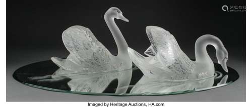 Pair of Lalique Clear and Frosted Glass Cygne Tete Droite an...