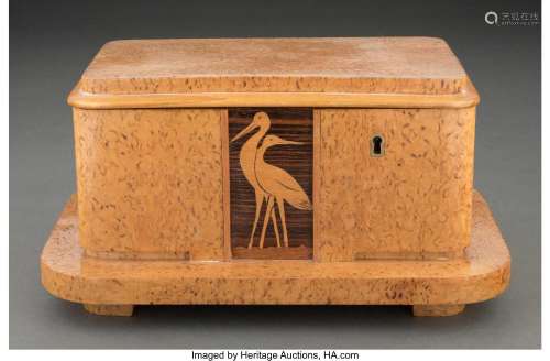 Art Deco Marquetry Inlaid Maple Jewelry Box 5-3/8 x 10-1/4 x...