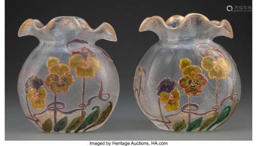 Pair of Mont Joye Acid-Etched, Partial Gilt, and Enameled Gl...