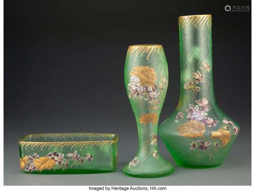 Three Mont Joye Acid-Etched, Partial Gilt, and Enameled Glas...