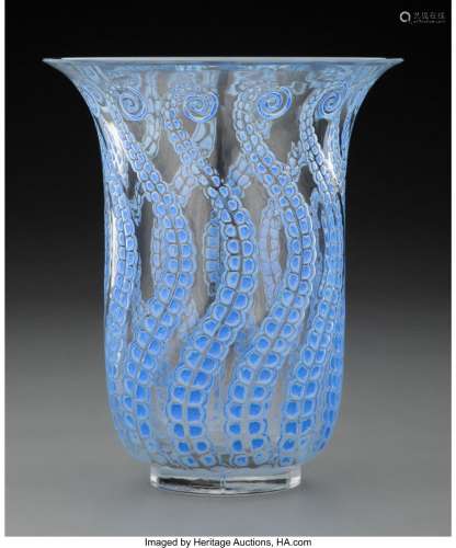 R. Lalique Clear Glass Méduse Vase with Blue Patina, circa 1...