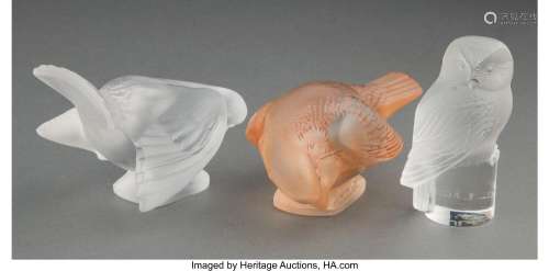 Three R. Lalique Clear and Frosted Glass Bird Paperweights, ...