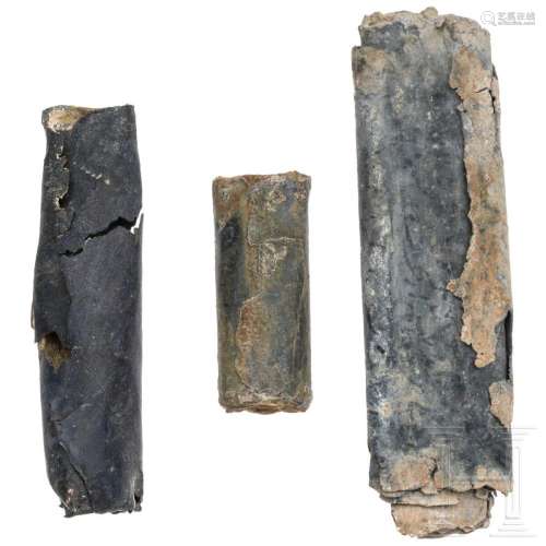 Three lead scrolls, two with inscriptions, Sasanian, 4th - 6...
