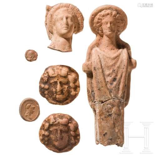 Six Greek terracotta objects including a figure of young Her...