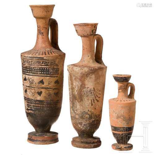 Three Greek lekythoi, 4th century B.C.