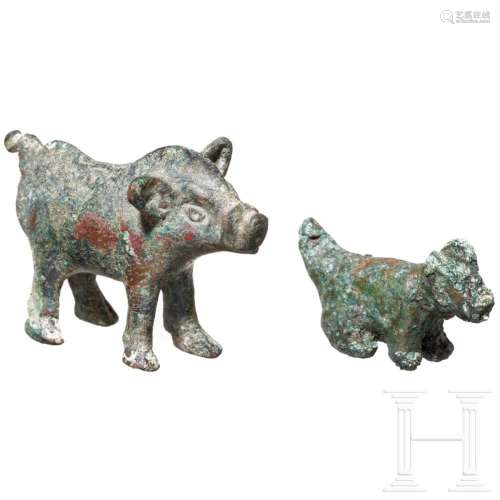 Two Roman bronze animal figures (pig and little dog), 2nd - ...