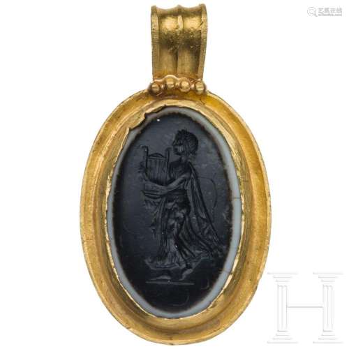 A Roman intaglio of layered agate with a depiction of Terpsi...
