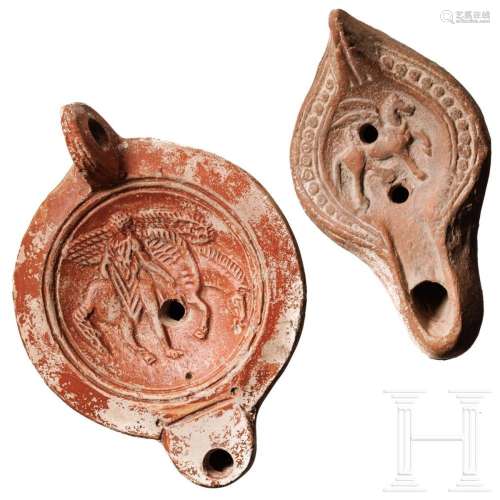 Two terracotta oil lamps depicting Pegasus, Roman, 2nd - 3rd...