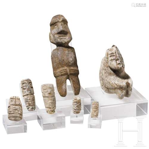 Six pre-Colombian stone figures and a stone pearl, various c...