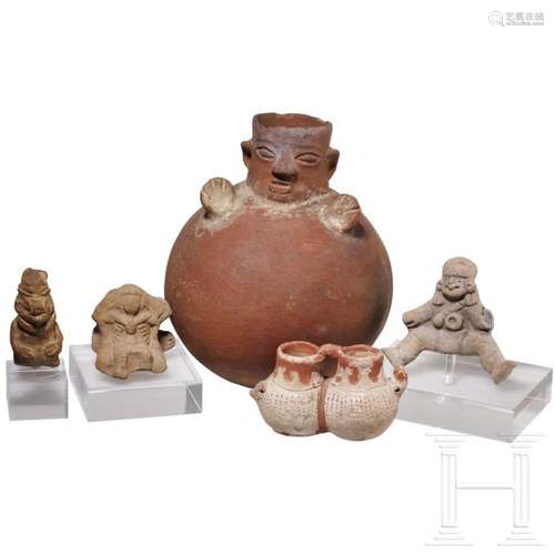 Five pre-Colombian terracottas, three figures and two vessel...