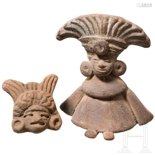 A Central American terracotta figure and an applike, circa 5...