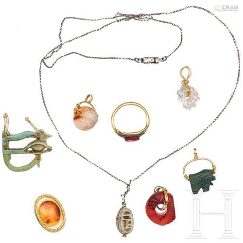 Eight ancient pieces of jewelry, made wearable with recent g...