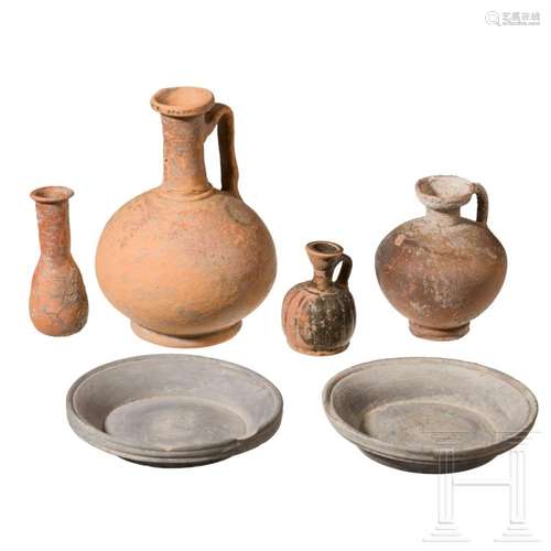 Six ancient ceramic vessels, mostly Roman, 3rd century B.C. ...