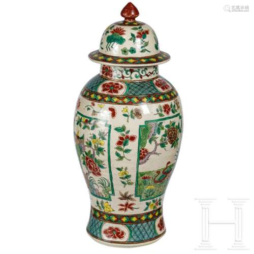 A large Chinese famille verte vase with lid, late Qing Dynas...