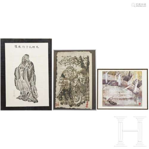 Two Chinese paintings and two prints, 20th century
